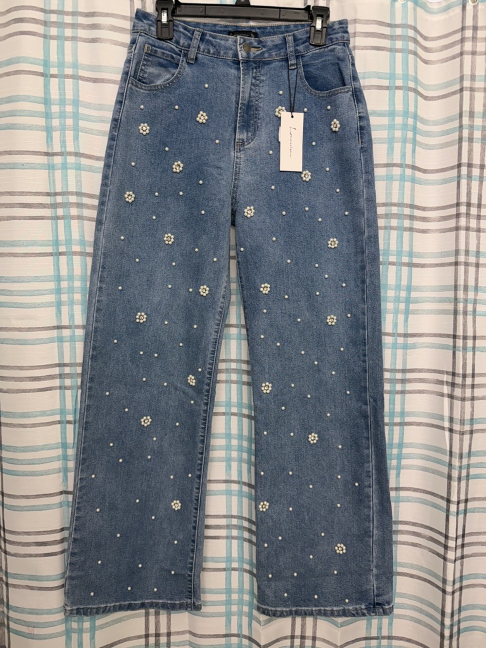 Pearl-Embellished Wide Leg Women’s Jeans - Blue